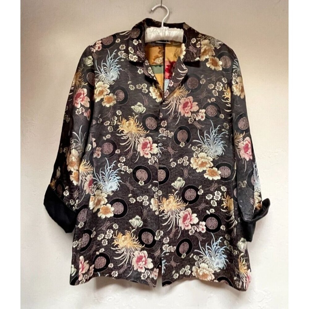 Chico's Design Women's Size 2 Button Down Roll Tab Sleeve Top Asian Floral Multi